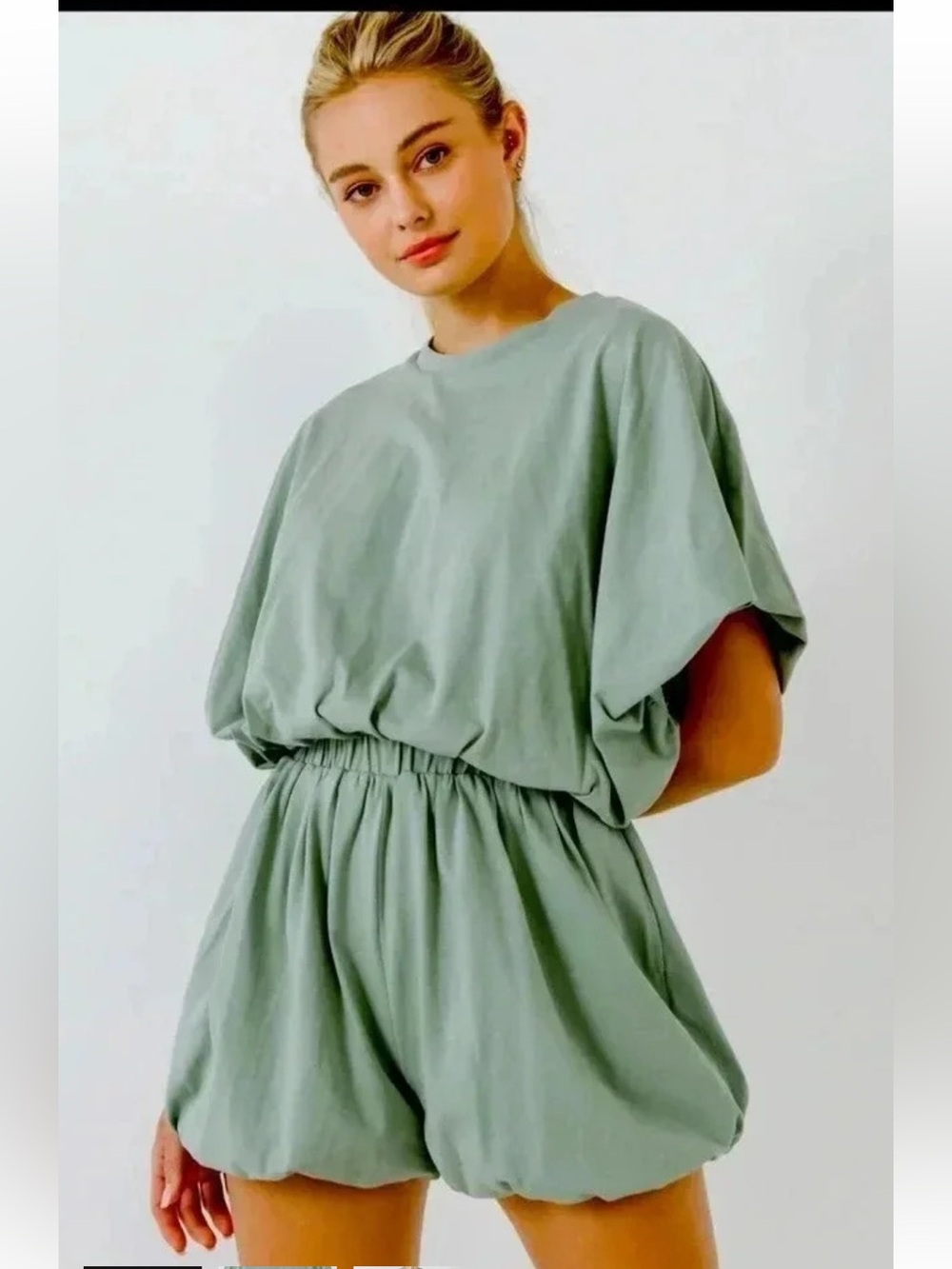 Grey Lab Anthropologie sage green dolman sleeve bubble hem lounger romper.